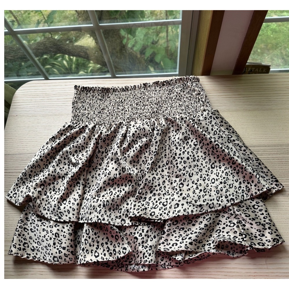 Altar'd State Leopard Print Tiered Ruffle Mini Skirt Smocked Waist Small
